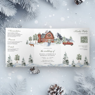 Schneune rote Scheune Winter Weihnachten QR-Code H Dreifach Gefaltete Einladung