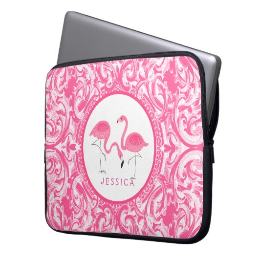 Schnittbild von rosa Flamingos mit rosa Wirbel Laptopschutzhülle (Vorderseite Links)
