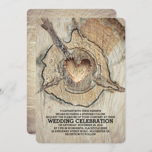 Schnitzel Holz Herz Rustikaler Baum Einladung (Vorne/Hinten)