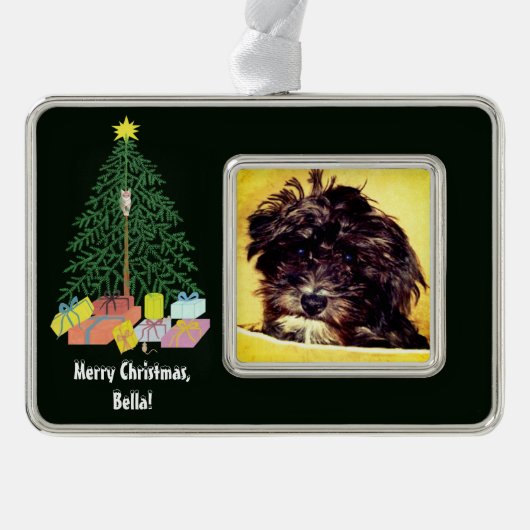 Schnoodle Hund mit Gerahmtem Weihnachtsbaum Rahmen-Ornament Silber (Vorderseite)