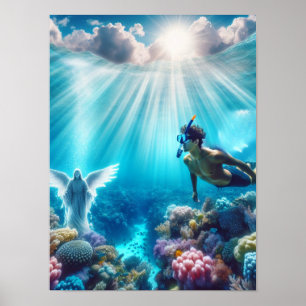 Schnorchler findet einen Engel im Riff Poster