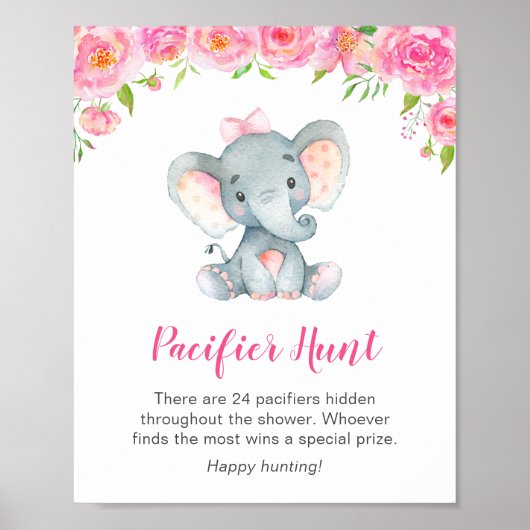 Schnuller Hunt Game Sign Elephant Baby Shower Girl Poster (Vorne)