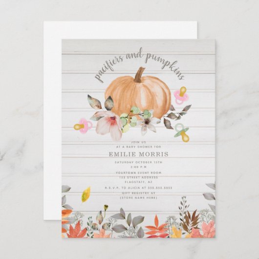 Schnuller + Pumpkins Fall White Wood Girl Einladung (Vorne/Hinten)