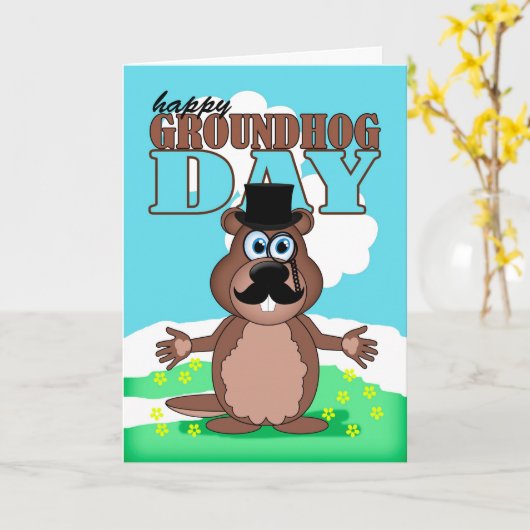 Schnurrbart-Schnurrbart Groundhog Tag mit Karte (Gelbe Blume)