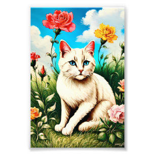 Schnurrhaare und Wildblumen: Eine feline Blumenfan Fotodruck