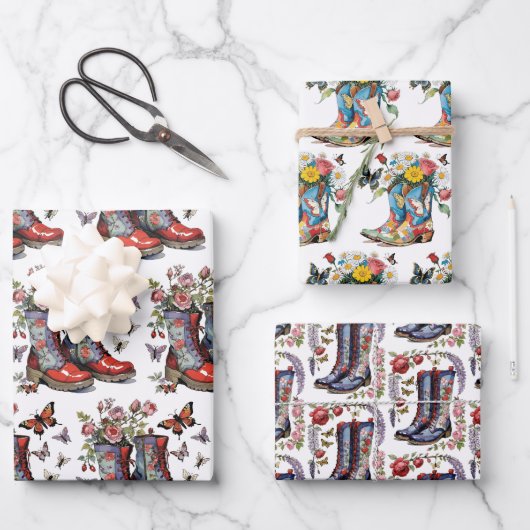 Schnürstiefel und Schmetterlingsblume Geschenkpapier Set (Vorderseite)