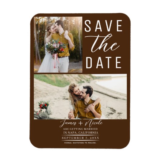 Schokolade Braun 2 Fotos Save the Date Hochzeit Magnet (Vertikal)