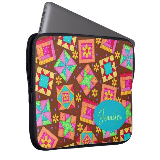 Schokolade Braun buntes Quilt Patchwork Block Kuns Laptopschutzhülle (Vorne Rechts)