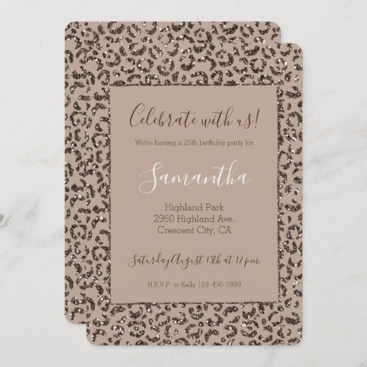Schokolade Braun Mocha Creme Leopard Print Glitzer Einladung (Vorne/Hinten)