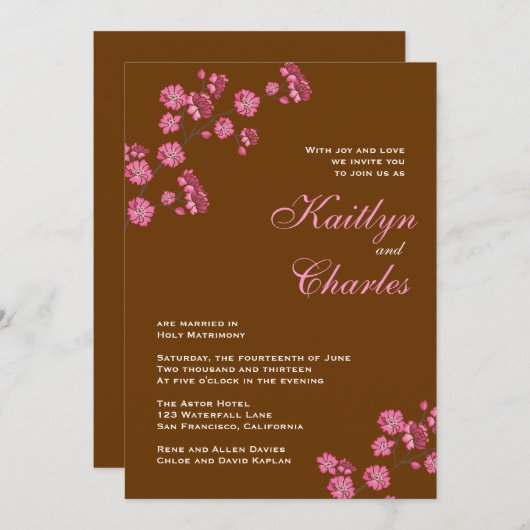 Schokolade Braun Rosa Blume Hochzeit Einladung (Vorne/Hinten)