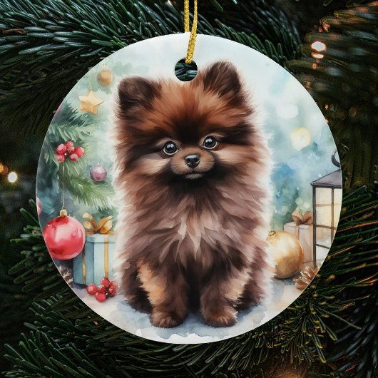 Schokolade Braun Spitz Welpe Weihnachten Keramik Ornament