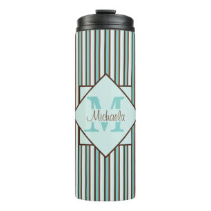 Schokolade Braun und Minze Grünstreifen Monogramm Thermosbecher