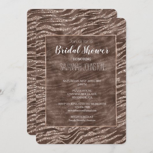 Schokolade Braun Zebra Glitzer Brautparty Einladung (Vorne/Hinten)