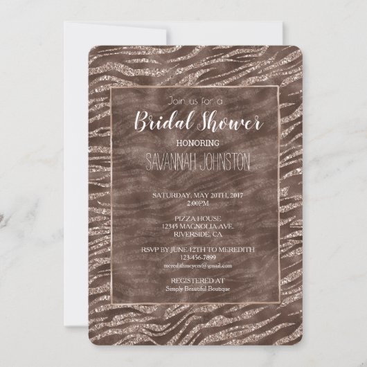 Schokolade Braun Zebra Glitzer Brautparty Einladung (Vorderseite)