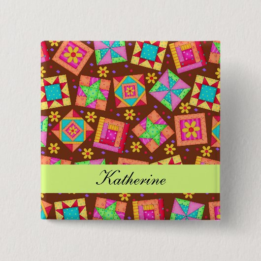 Schokolade Braunes Patchwork Quilt Name Abzeichen Button (Vorderseite)