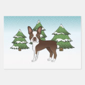 Schokolade Brown Boston Terrier in einem Winterwal Geschenkpapier Set (Vorderseite)