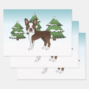 Schokolade Brown Boston Terrier in einem Winterwal Geschenkpapier Set