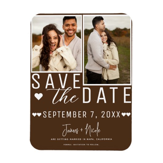 Schokolade Brown Save the Date 2 Foto Hochzeit Magnet (Vertikal)