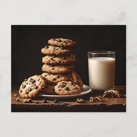 Schokolade Chip Cookies und Milchmalerei Postkarte (Vorderseite)