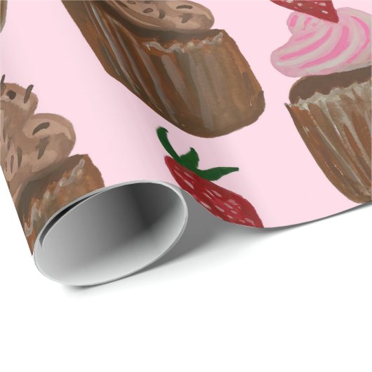 Schokolade Cupcakes auf rosa Geschenk Geschenkpapier (Rolleneckpunkt)