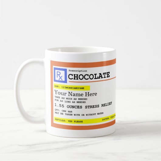 Schokolade der Verschreibung, benutzerdefinierbare Kaffeetasse (Links)