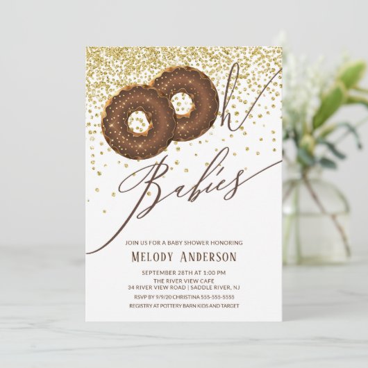 Schokolade Donut Oh Babies Twins Kinderdusche Einladung (Stehend Vorderseite)