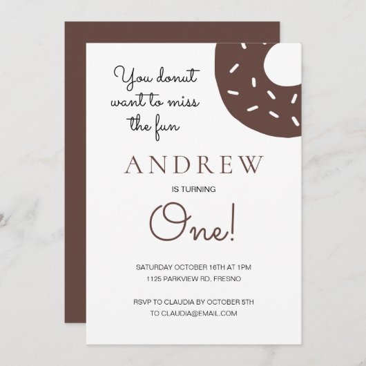 Schokolade Donut verwandelt einen ersten Geburtsta Einladung (Vorne/Hinten)