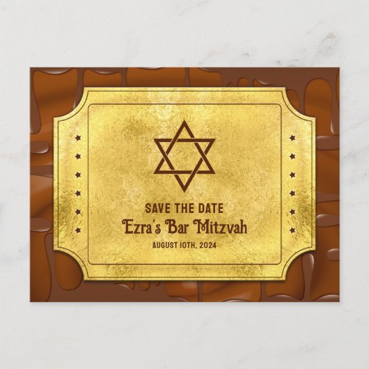 Schokolade Golden Ticket Bar Mitzvah Save the Date Postkarte (Vorderseite)