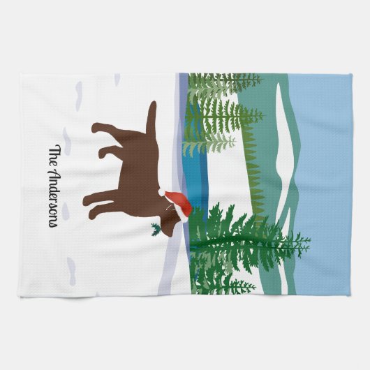 Schokolade Labrador Christmas Evergreen Weihnachts Geschirrtuch (Horizontal)