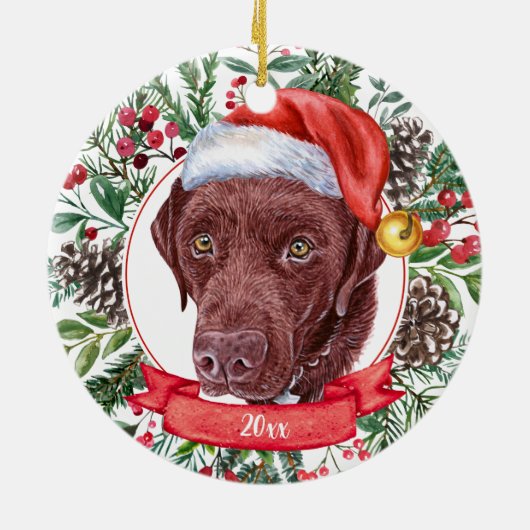 Schokolade Labrador Custom Weihnachtsmannmütze Wei Keramik Ornament (Hinten)