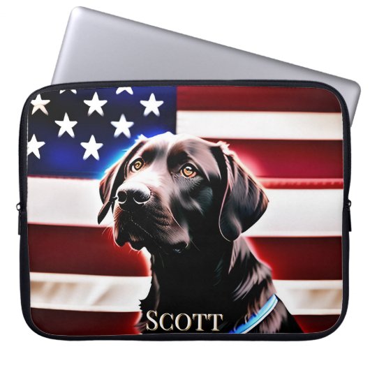 Schokolade Labrador Hund mit amerikanischer Flagge Laptopschutzhülle (Vorderseite)