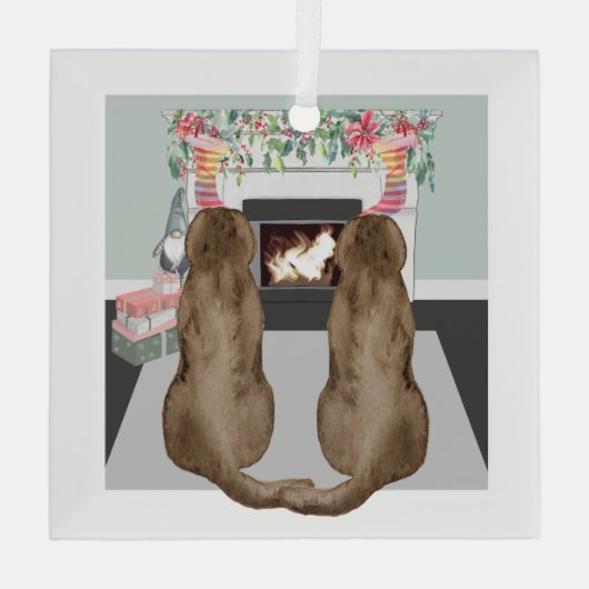 Schokolade Labrador Hunde Weihnachts Feuerplatz Sz Ornament Aus Glas (Rückseite)