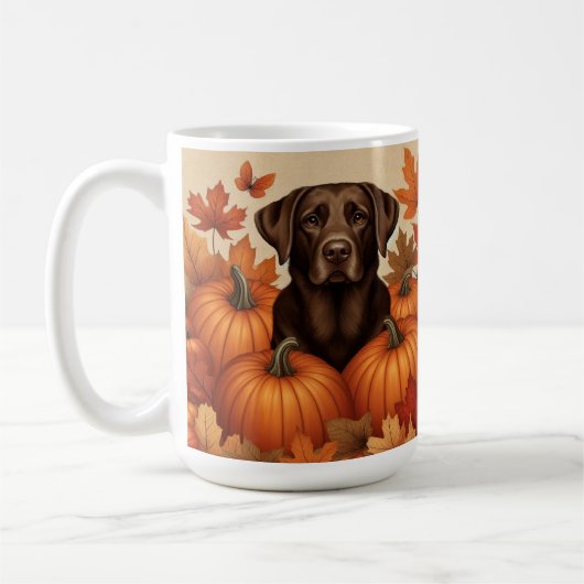 Schokolade Labrador im Herbst mit Pumpkins Kaffeetasse (Links)