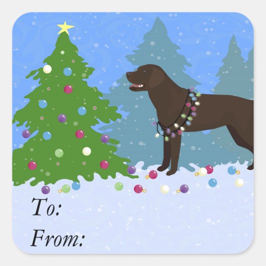 Schokolade Labrador im Wald Dekorieren Weihnachtsb Quadratischer Aufkleber (Vorderseite)
