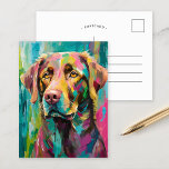 Schokolade Labrador Portrait Farbenfrohe Abstrakte Postkarte<br><div class="desc">Ein spielerisches, modernes Kunstportrait eines schokoladenfarbenen Labradors, der mit knalligen, hellen Farben, darunter aquamarin, gelb, rosa und grün, gemalt wurde. Die lebhafte Farbpalette und die ausdrucksvollen Pinselstriche verleihen dem Hund ein kraftvolles, fröhliches Aussehen, das den Haustierporträts eine lustige und fantasievolle Drehung verleiht. Dieses lebhafte und farbenprächtige Stück vereint die Persönlichkeit...</div>