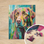 Schokolade Labrador Portrait Farbenfrohe Abstrakte Puzzle<br><div class="desc">Ein spielerisches, modernes Kunstportrait eines schokoladenfarbenen Labradors, der mit knalligen, hellen Farben, darunter aquamarin, gelb, rosa und grün, gemalt wurde. Die lebhafte Farbpalette und die ausdrucksvollen Pinselstriche verleihen dem Hund ein kraftvolles, fröhliches Aussehen, das den Haustierporträts eine lustige und fantasievolle Drehung verleiht. Dieses lebhafte und farbenprächtige Stück vereint die Persönlichkeit...</div>