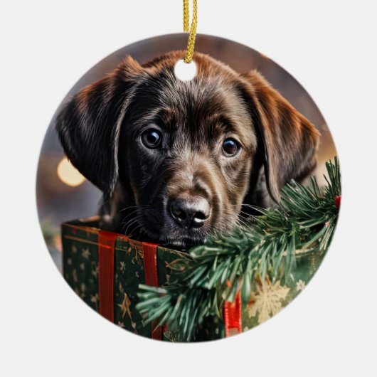 Schokolade Labrador Puppy Christmas Keramik Ornament (Vorne)
