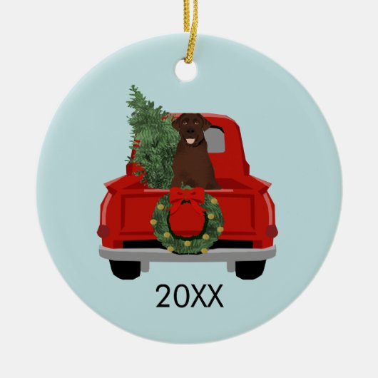 Schokolade Labrador Red Christmas Truck Keramik Ornament (Vorne)