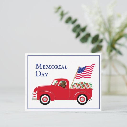 Schokolade Labrador Red Truck Memorial Day Grenze Postkarte (Stehend Vorderseite)