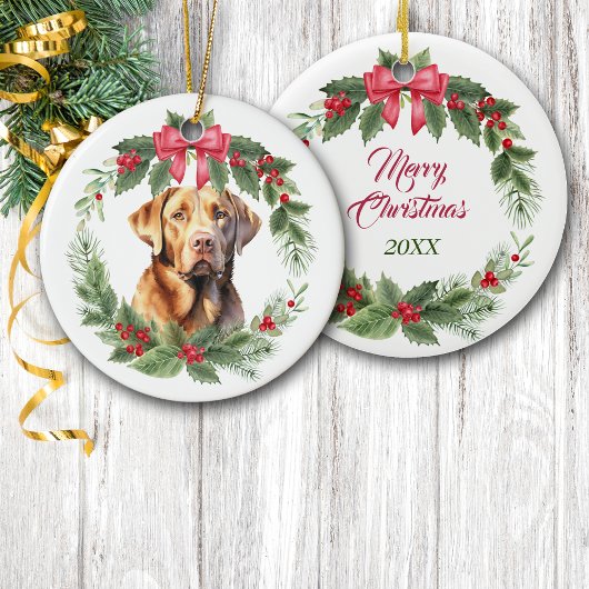 Schokolade Labrador Retriever Red Bow Holly Wreath Keramik Ornament