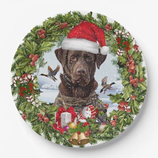 Schokolade Labrador Retriever, Weihnachtskranz Pappteller (Vorderseite)