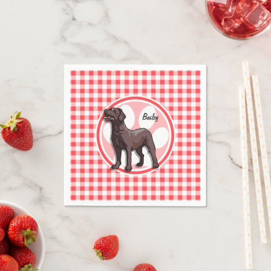 Schokolade Labrador; Rot und Weiß Gingham Serviette (Beispiel)