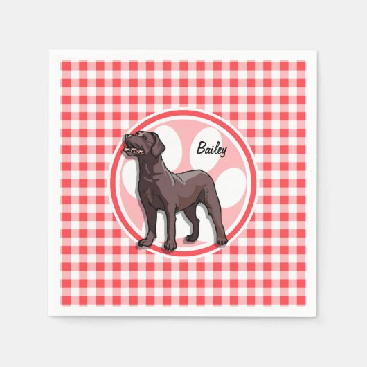 Schokolade Labrador; Rot und Weiß Gingham Serviette (Vorderseite)