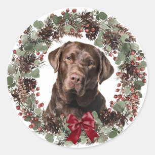Schokolade Labrador Roter Bow Pinecone Weihnachten Runder Aufkleber