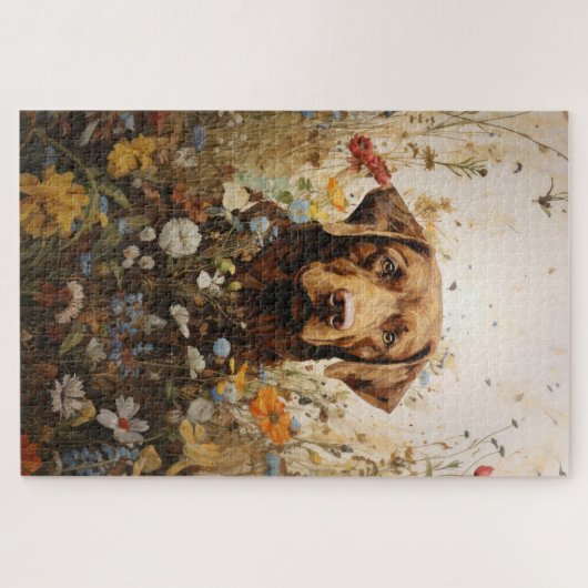 Schokolade Labrador und Wildblumen Puzzle (Horizontal)