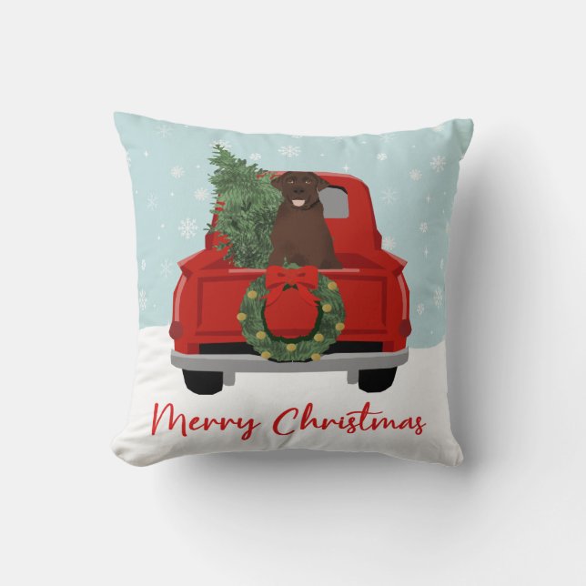 Schokolade Labrador Vintage Weihnachtswagen Kissen (Vorderseite)