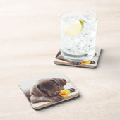 Schokolade-Labrador-Welpe mit Spielzeug-Ente Getränkeuntersetzer (Rechte Seite)