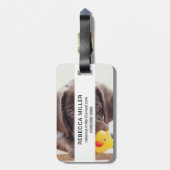 Schokolade-Labrador-Welpe mit Spielzeugente Gepäckanhänger (Rückseite vertikal)