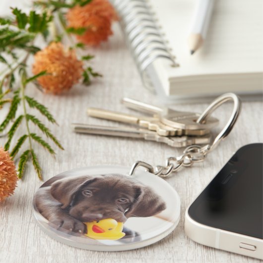 Schokolade-Labrador-Welpe mit Spielzeugente Schlüsselanhänger (Vorderseite rechts)
