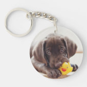 Schokolade-Labrador-Welpe mit Spielzeugente Schlüsselanhänger (Vorderseite)